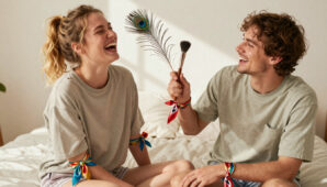 Messy Blonde Ponytail Woman Tied with Scarves on Futon Tickled with Feathe